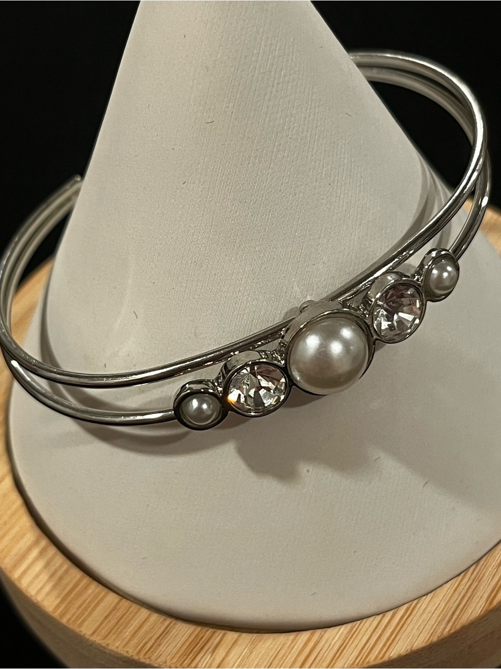 Fashion Silver Pearl and Crystal Accent Double-Band Bracelet
